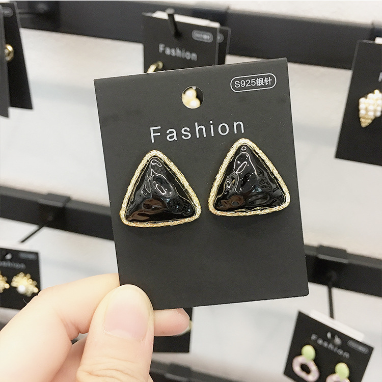 S925银针款夏季女式黑色设计几何型韩版个性圆流苏钻石名媛耳钉