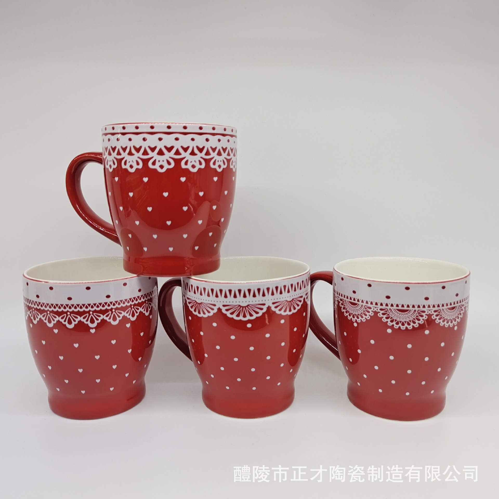 现货批发 红色陶瓷马克杯 白色蕾丝陶瓷杯 厂家直销