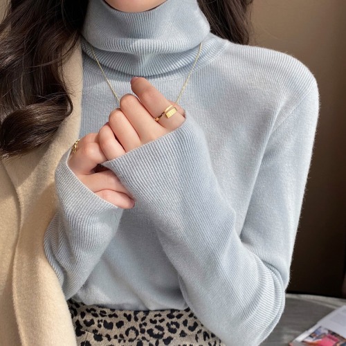 Turtleneck Sweater Women‘s Autumn and Winter Bottoming Sweater All-Match Blue Slim Pullover Top 2020 New
