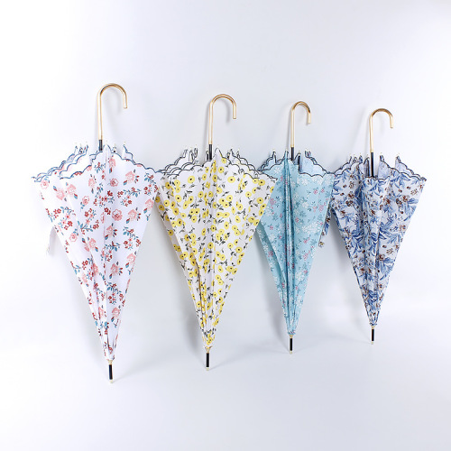 Spot Goods Curved Handle Straight Rod Lady Floral Long Umbrella Student Digital Printing Embroidery Sunshade Umbrella Shop Wholesale