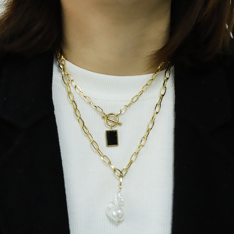 韩国新款双层项链珍珠锆石毛衣链时尚百搭首饰钛钢项链现货