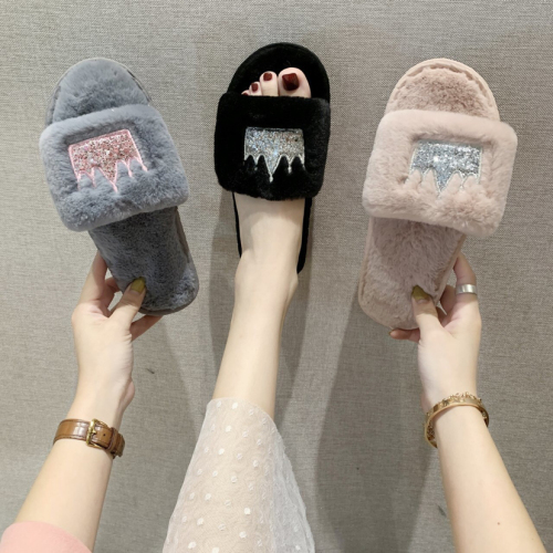 plush slippers early autumn new home cute open furry slippers crown girl