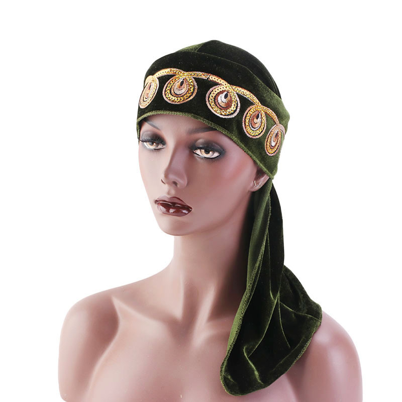 外贸新款亮片波浪花烫钻绒布海盗帽 长尾头巾帽 嘻哈批发包头帽子