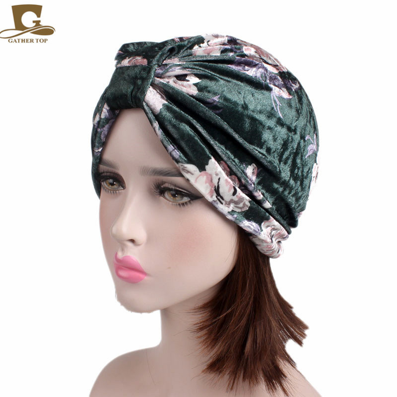 外贸新款天绒布田园印花头巾帽 金丝绒豹纹圆点印度帽 TJM-254