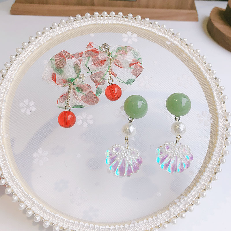 新款彩色透明银针耳环耳饰蝴蝶结贝壳红绿色清新可爱ins风出游女