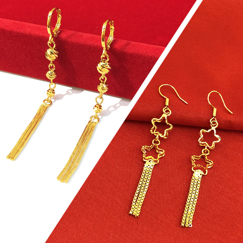 仿黄金耳环女沙金长款流苏耳坠批发黄铜镀金24K泰金直播网红厂家