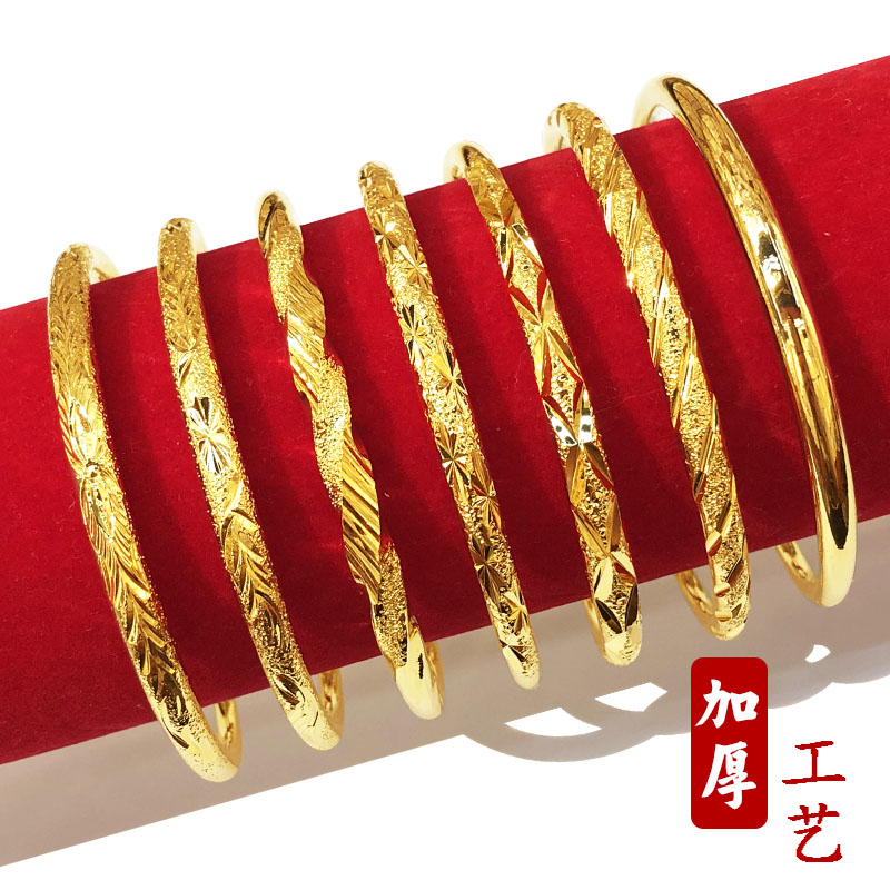 沙金手镯女士圆棒推拉仿黄金色真镀24K可调节手环批发黄铜源厂家