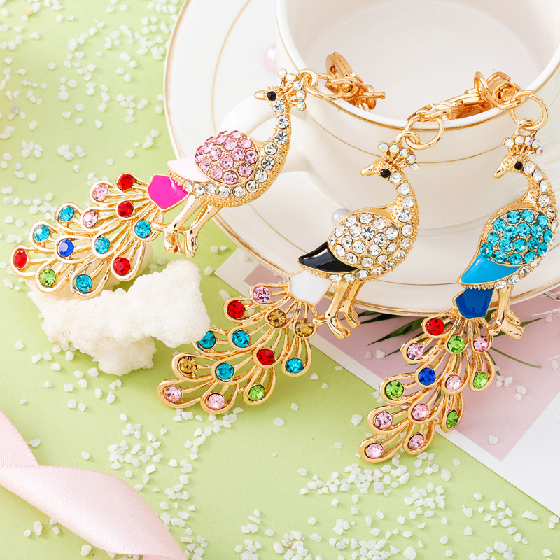 跨境欧美七彩孔雀鸟水钻点钻饰品挂件镶钻钥匙扣汽车挂件