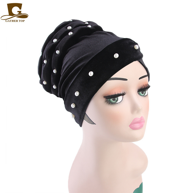 外贸秋冬款天鹅绒头巾帽 珠子穆斯林帽子