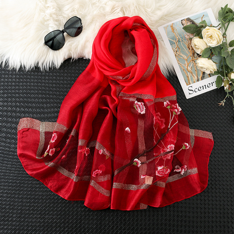 新款真丝羊毛刺绣围巾女丝毛绣花桑蚕丝丝巾时尚百搭防晒披肩女