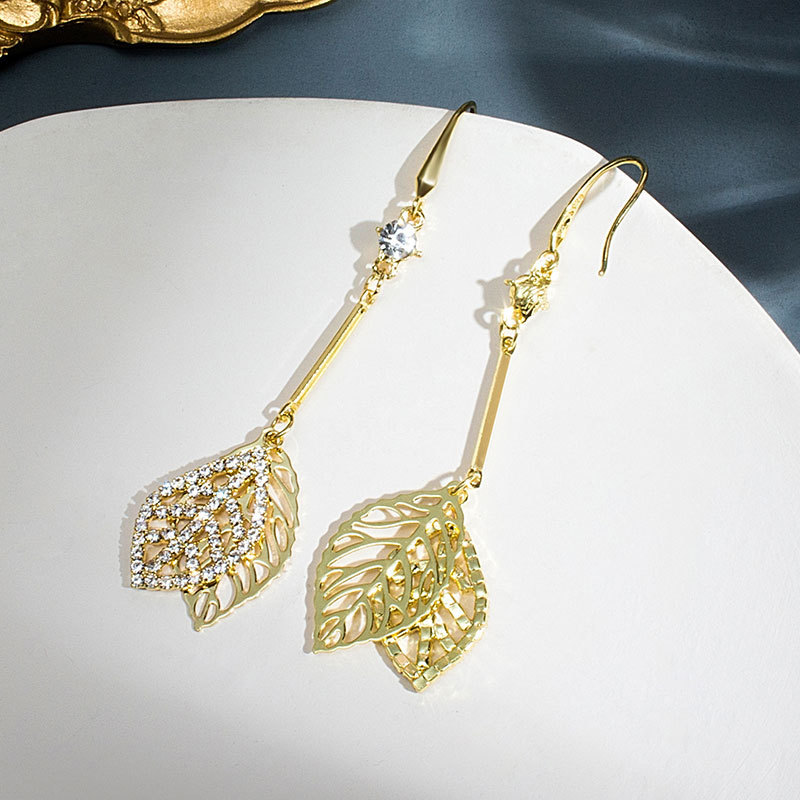 一叶暴富金色长款个性镂空叶子耳环气质镶钻耳饰耳钩耳坠