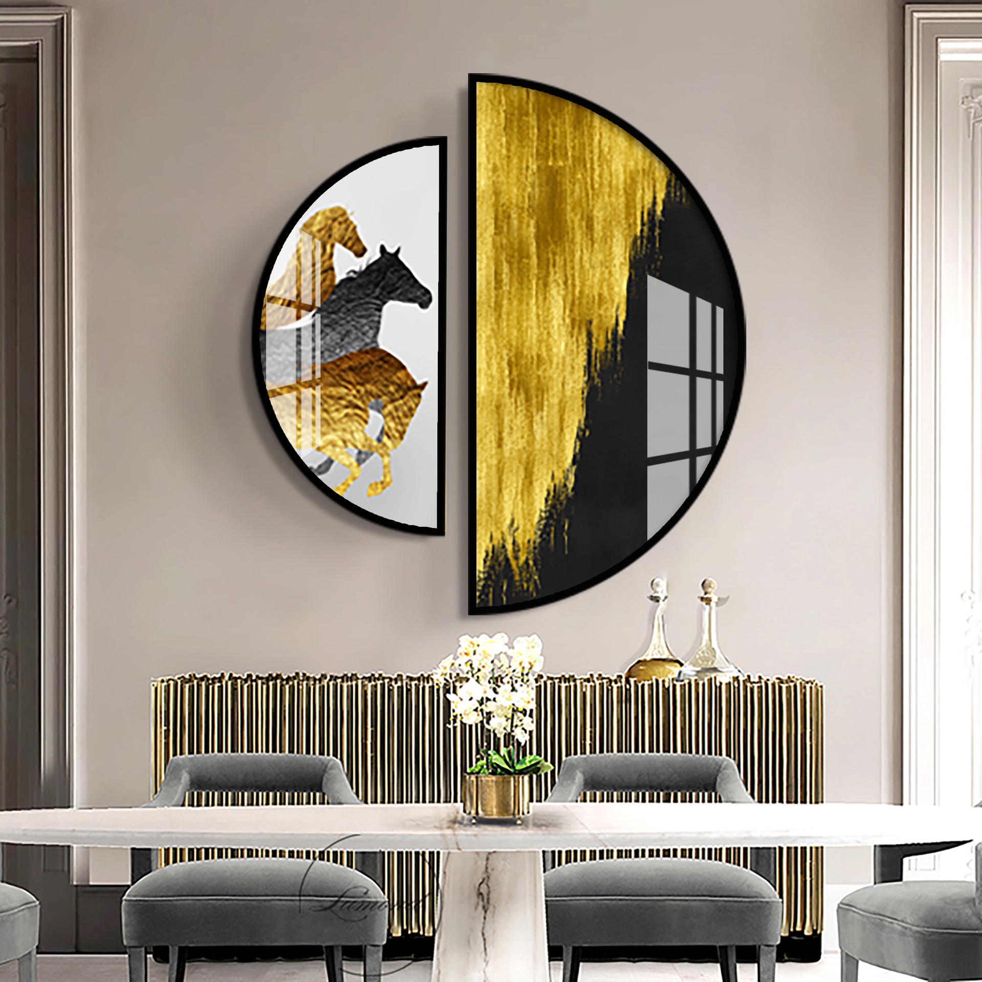 现代简约晶瓷画定制半圆铝合金客厅装饰画沙发背景墙玄关二联壁画