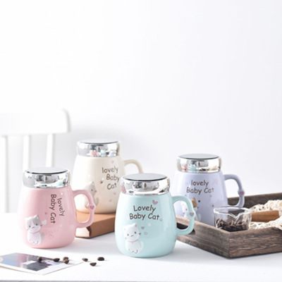 唯格可爱水杯女ins休闲猫咪女学生韩版卡通陶瓷镜面杯家用水杯
