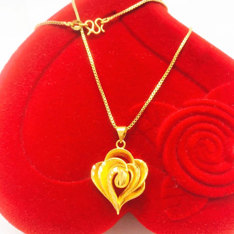镀厚金桃心形镂空吊坠越南沙金百搭盒子链项链仿黄金桃心坠链批发