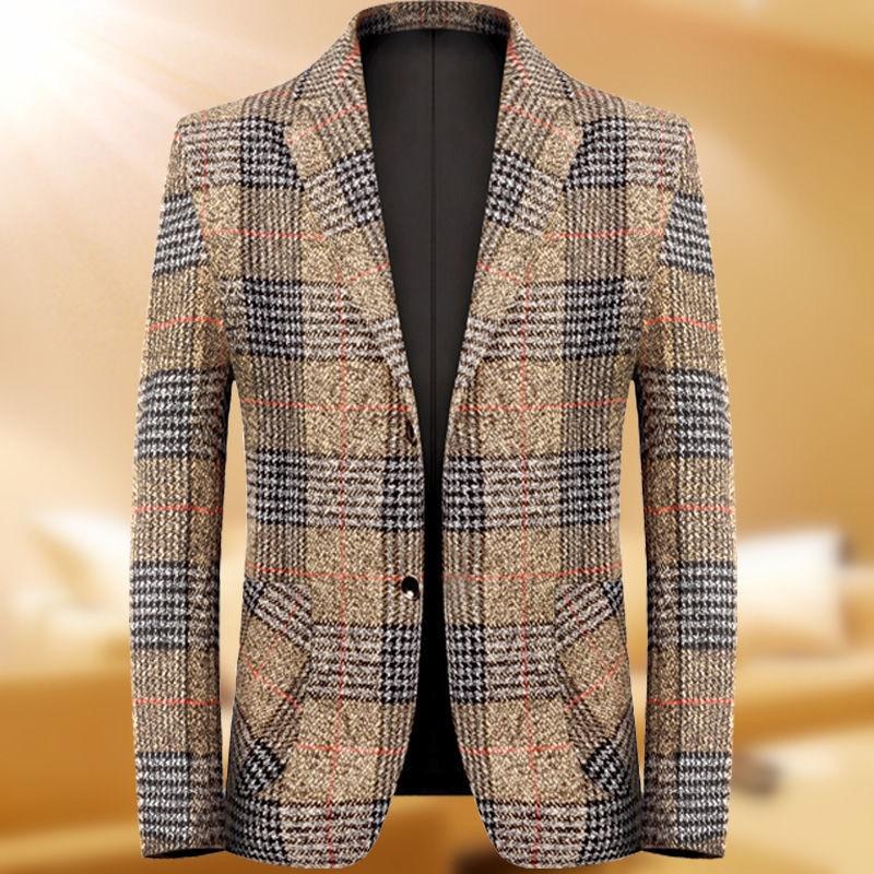 2020秋冬新款格子西装外套男士加厚中青年商务休闲上衣爸爸单西装