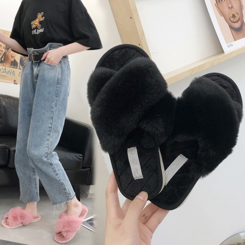 nordic style cross furry open toe open slippers women‘s home non-slip soft bottom warm plush cotton slippers autumn and winter