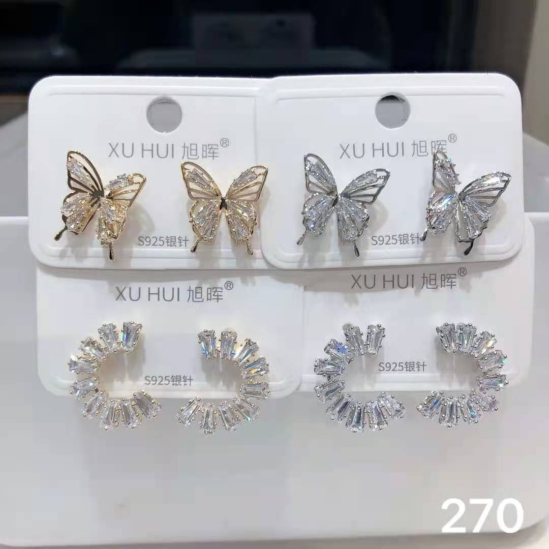 S925银针 铜镀真金镶嵌闪亮锆石 个性耳钉耳饰