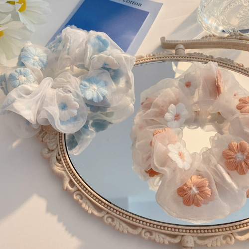 romantic pink blue ~ sweet embroidered flower hair ring organza large intestine ring hair rope ins mesh head rope girl hair accessories
