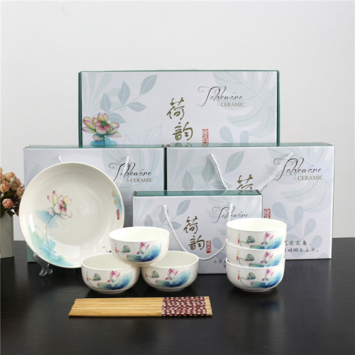 Elegant Lotus Rhyme Bowl and Chopsticks Series Tableware Gift Box Home Return Activity Set Gift Ceramic Tableware set