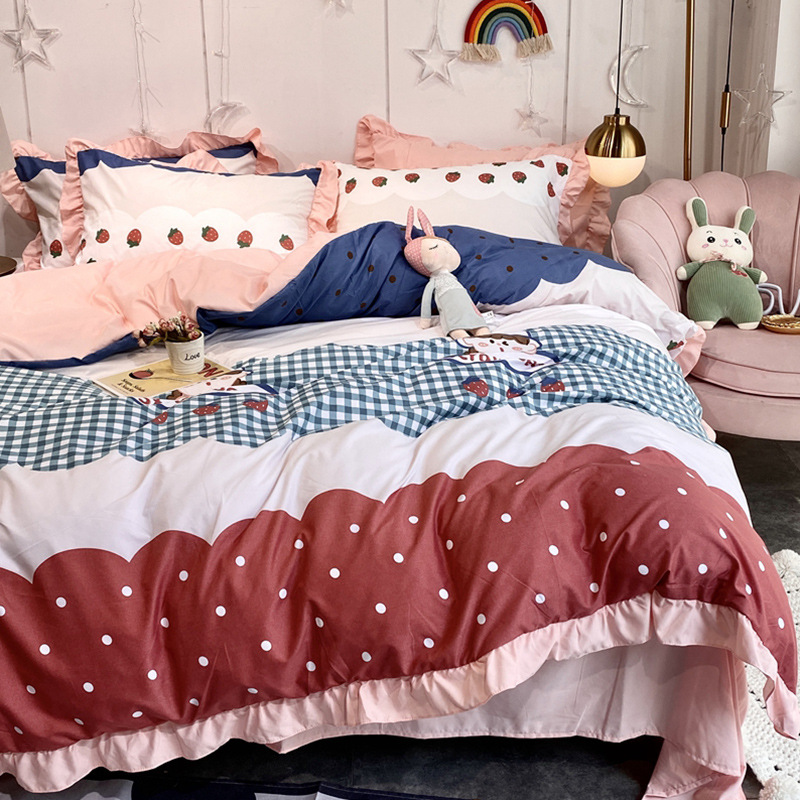 ins轻奢公主风荷叶边四件套 可爱少女被套床单三件套草莓彩虹四季