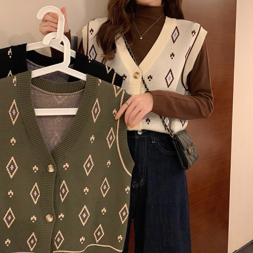 women‘s outerwear knitwear waistcoat women‘s new korean style loose pullover top rhombic v-neck sleeveless cardigan coat