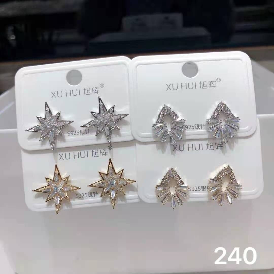 S925银针 铜镀真金镶嵌闪亮锆石 个性耳钉耳饰