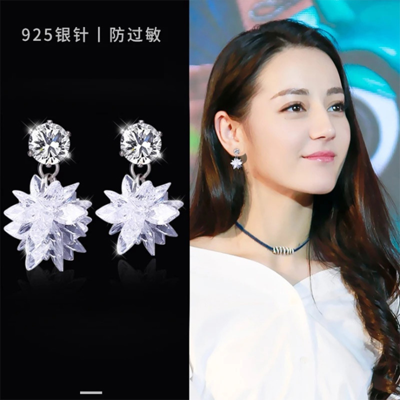 韩版S925纯银针气质不对称冰花锆石几何形耳环耳钉长款流苏耳饰品