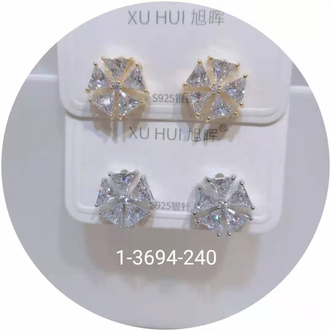 S925银针 铜镀真金镶嵌闪亮锆石 个性耳钉耳饰