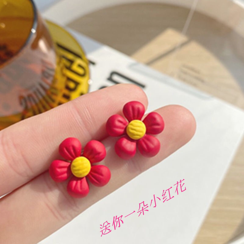 过年红色耳钉银针小红花喜庆吉祥耳环2021新款网红简约耳饰包邮