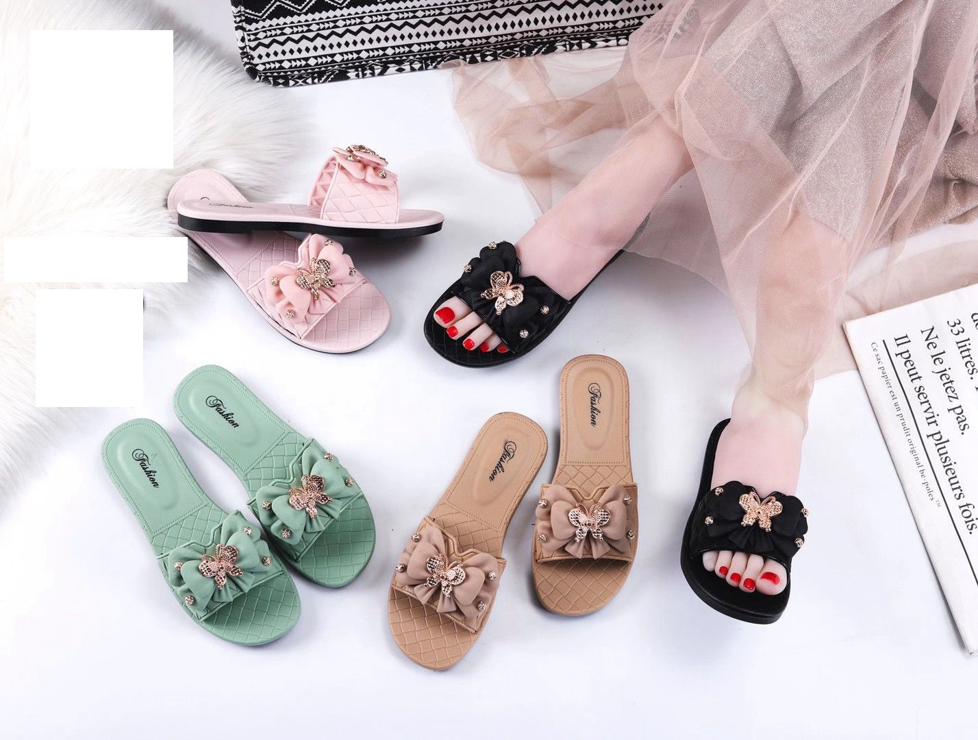 现货供应夏季女士时尚蝴蝶结一字拖舒适耐磨百搭潮品凉拖