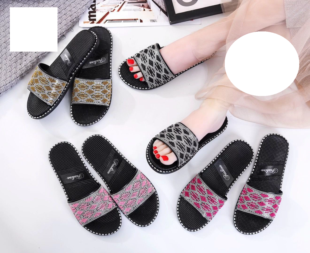 现货供应夏季女士钻面一字拖舒适百搭潮品凉拖