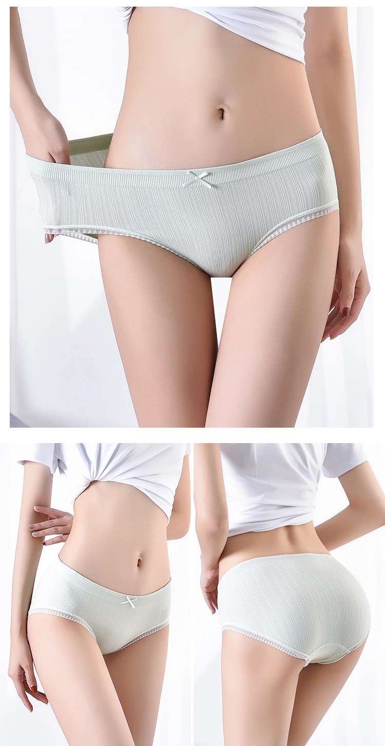 Cheap Japanese Style Solid Color Women Panties Bowknot Decor Ribbed  Mid-rise Cute Girls Briefs Breathable Soft Underwear