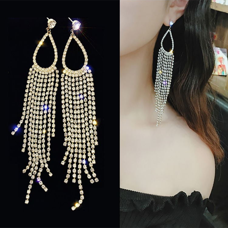 S925银针水滴长款流苏闪钻耳环女气质韩国个性百搭夸张耳钉耳坠潮