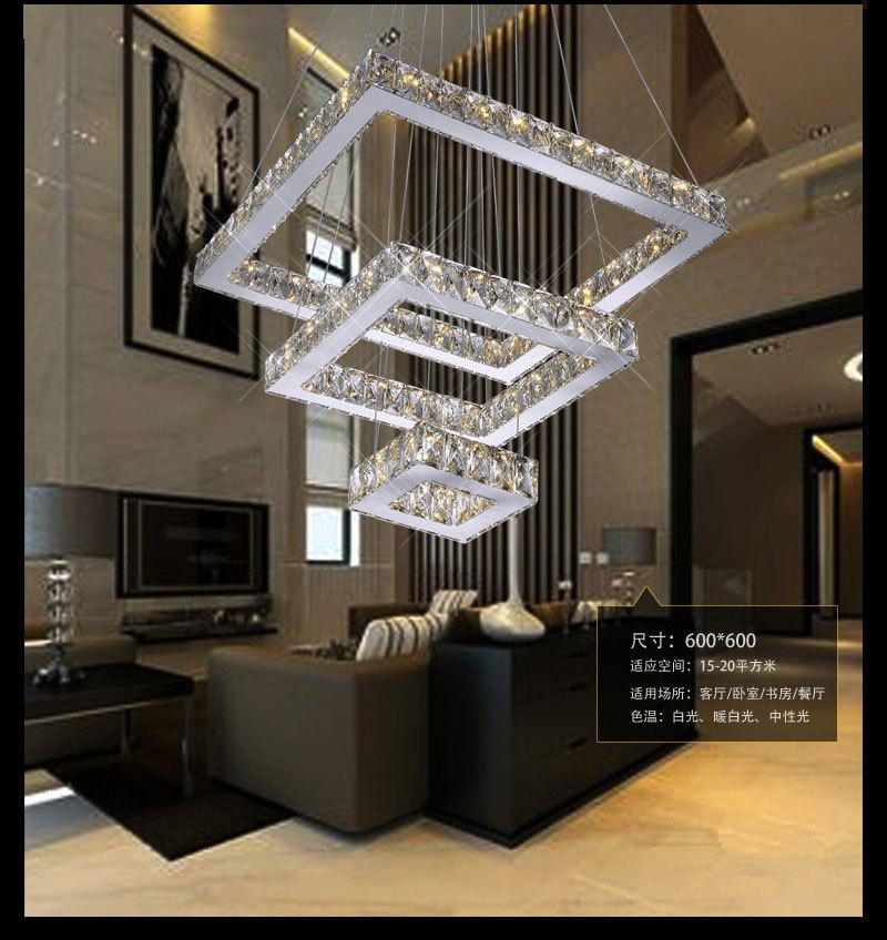 跨境现代简约不锈钢LED水晶客厅灯创意方形餐厅吊灯卧室房间灯饰