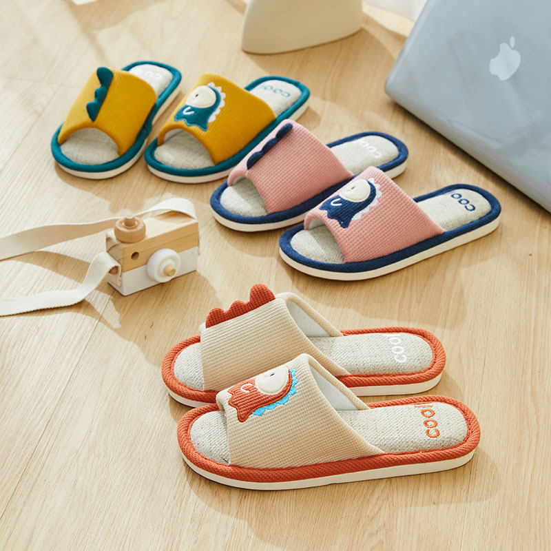 2021春夏秋季情侣可爱小恐龙地板麻拖鞋男女棉布亚麻软底室内拖鞋
