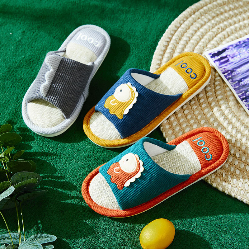 2021新款儿童家用亚麻拖鞋春秋室内防滑软底小恐龙亚麻拖鞋拖居家