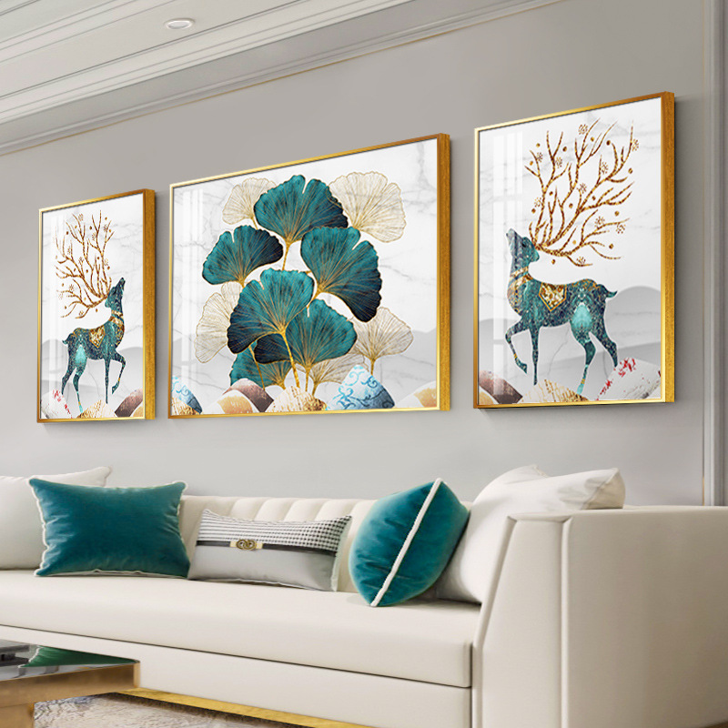 麋鹿客厅装饰画沙发背景墙挂画现代简约晶瓷画墙上壁画墙画