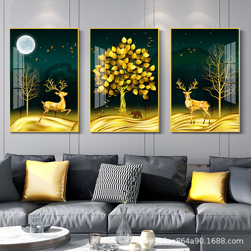 现代轻奢客厅装饰画 沙发背景墙抽象麋鹿挂画卧室床头大气晶瓷画