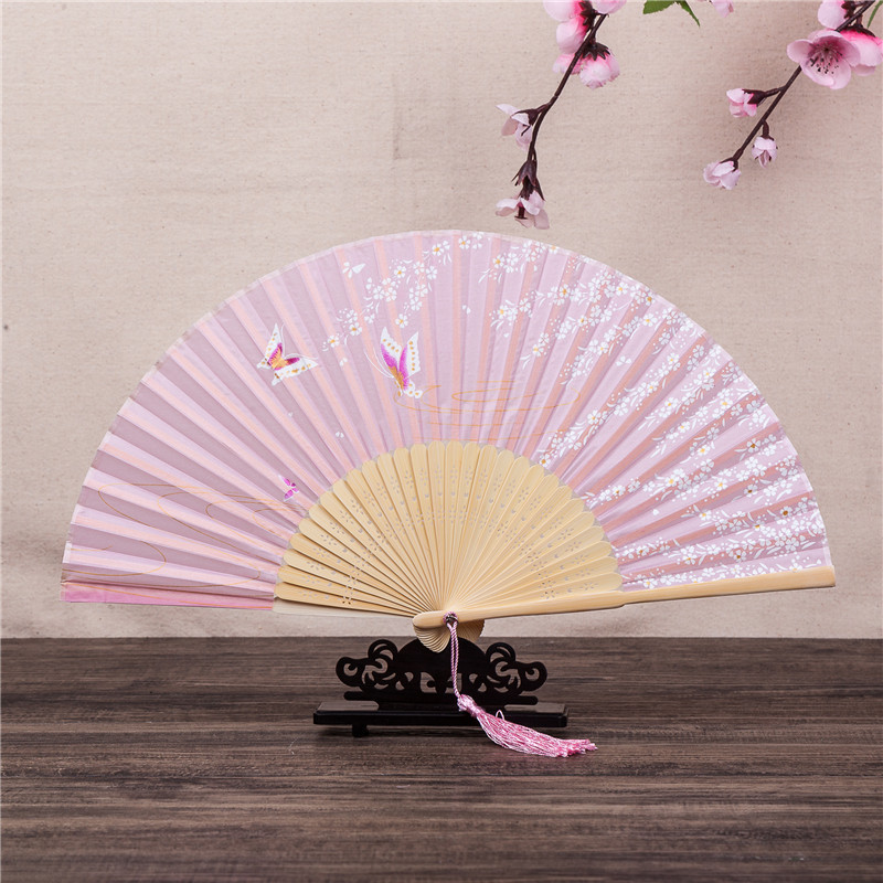 樱花抚蝶真丝竹扇子 日式和风扇折扇批发 舞蹈道具扇夏季女扇爆款