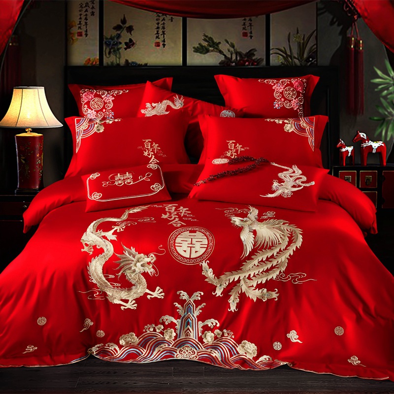 全棉刺绣婚庆四件套大红斜纹绣花结婚双人被套床上用品一件代发