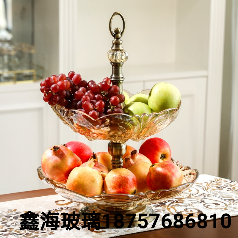 双层果盘玻璃工艺品水果盘加厚玻璃水果篮欧式轻奢样板间别墅果盘
