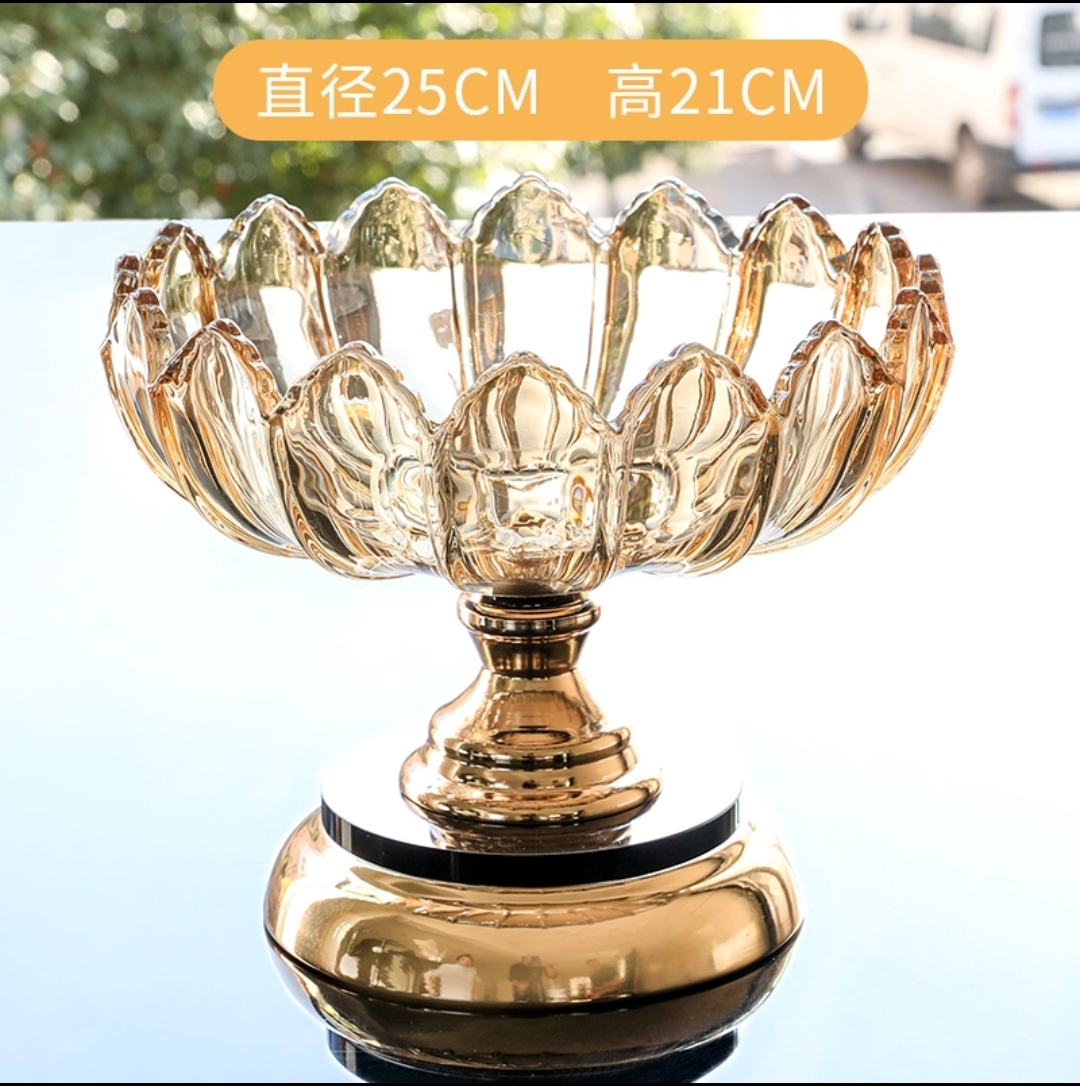 玻璃果盘工艺品欧式大果盘加厚玻璃带底座水果盘别墅轻奢装饰果盘