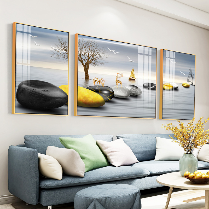 客厅装饰画沙发背景墙挂画新中式三联晶瓷画卧室床头墙画现代简约