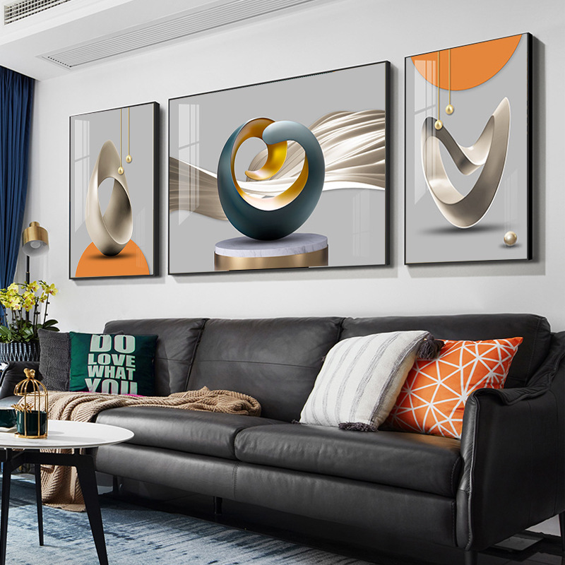 客厅装饰画现代简约轻奢挂画沙发背景墙北欧几何墙画晶瓷三联壁画