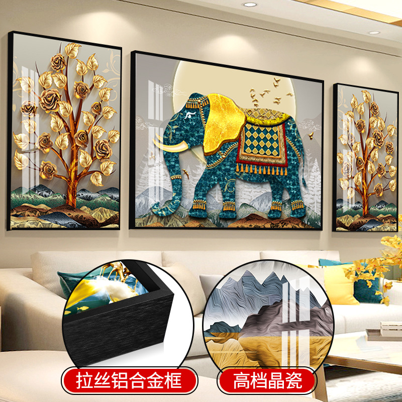 客厅装饰画镶钻晶瓷画招财沙发背景墙挂画玄关壁画宾馆饭店商用画