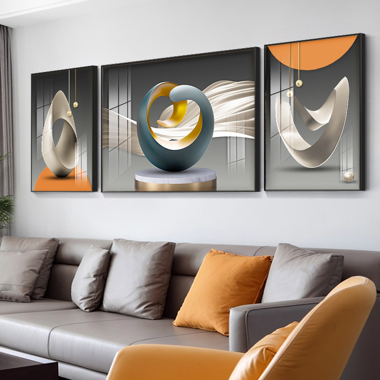 轻奢现代简约客厅装饰画 沙发背景墙壁画 晶瓷画大气三联挂画