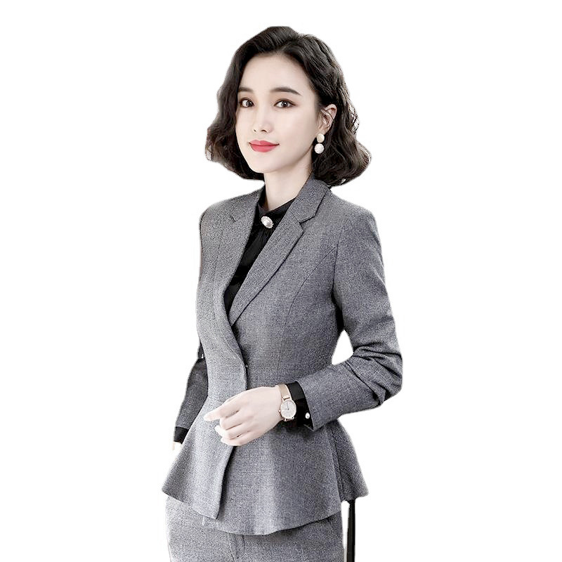 202新款立领西装套装女时尚修身英伦女士职业装麻灰西服正装面试.