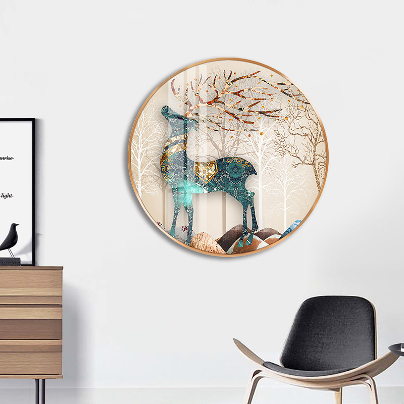 进门大圆形抽象鹿风景玄关背景墙装饰画晶瓷水晶壁画金属框晶钻竖