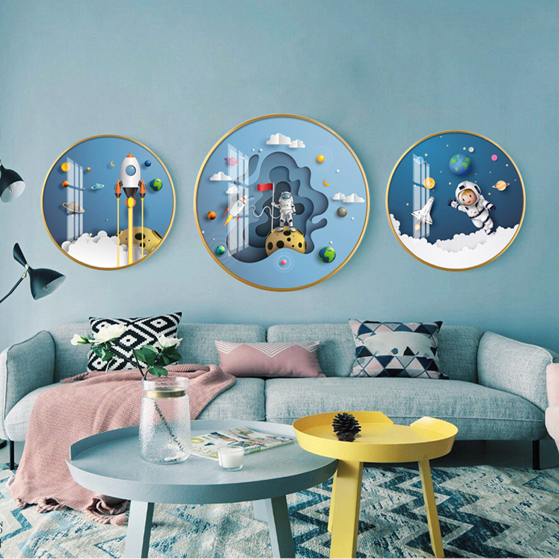 现代简约装饰画圆形太空旅行晶瓷画儿童房清新卡通画餐厅轻奢挂画