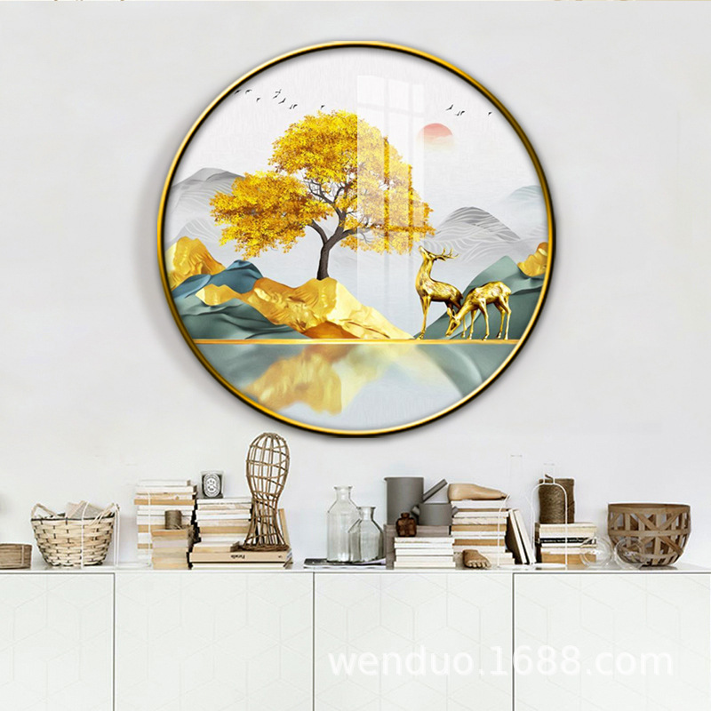 入户玄关圆形装饰画轻奢晶瓷画招财葫芦九鱼麋鹿客厅现代简约挂画